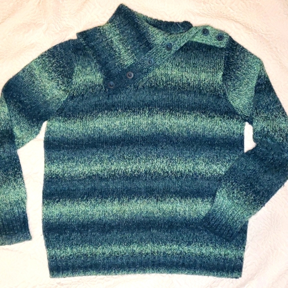 Vintage Gloria Vanderbilt Casual Teal Green Striped Faux Turtneck Sweater, Sz M